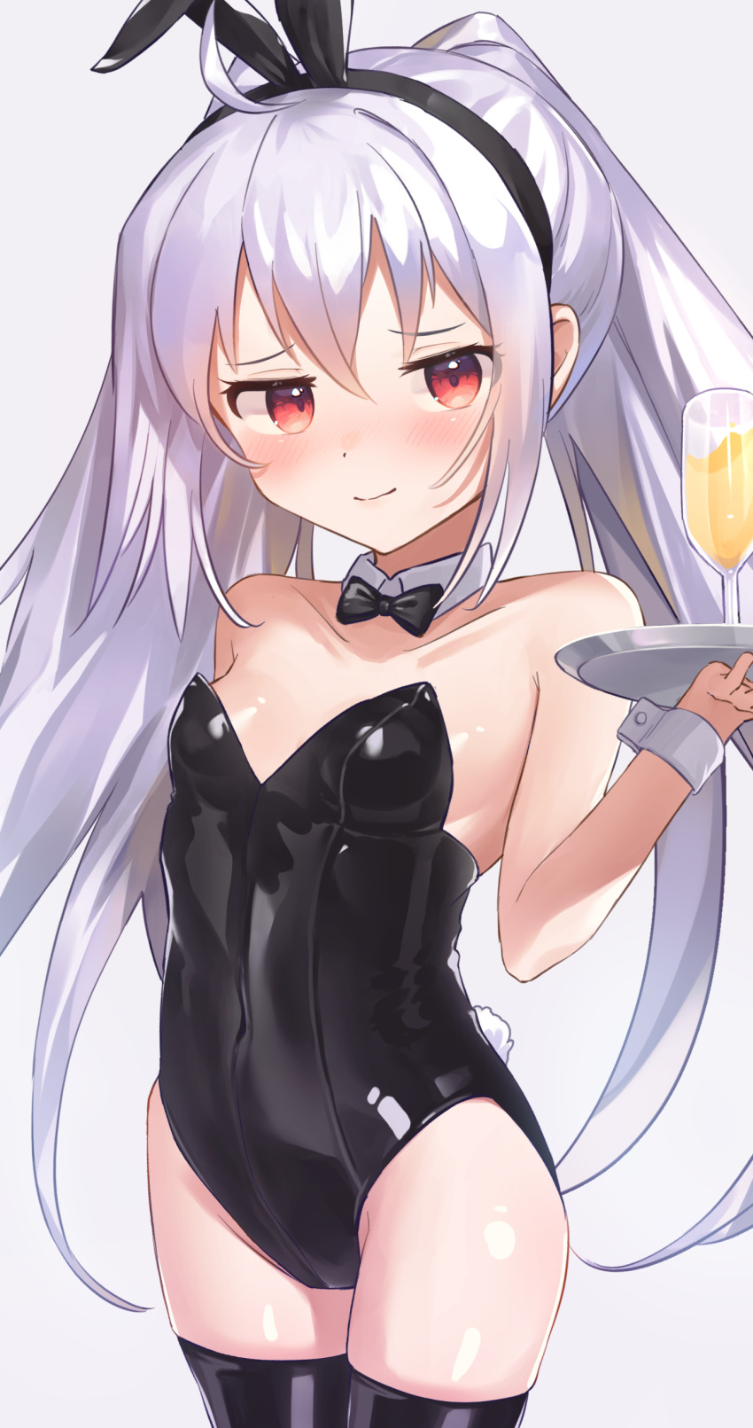 absurdres ahoge animal_ears black_leotard black_thighhighs bow bowtie champagne_flute cowboy_shot cup detached_collar drinking_glass female highres isla_(plastic_memories) jiyasu leotard long_hair looking_at_viewer plastic_memories playboy_bunny rabbit_ears rabbit_tail red_eyes simple_background solo strapless strapless_leotard tail thighhighs tray twintails white_background white_hair wrist_cuffs