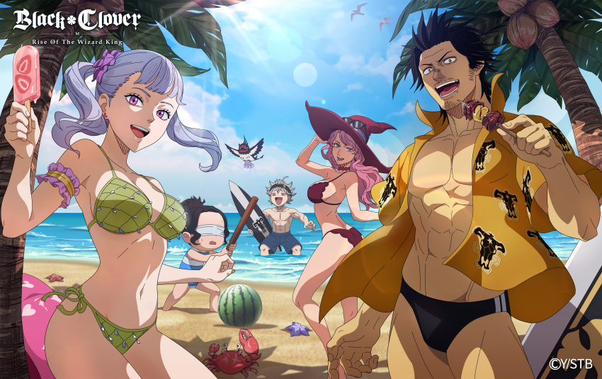 2boys 3girls abs absurdres asta_(black_clover) beach bikini black_bulls black_bulls_(emblem) black_clover black_clover_m:_rise_of_the_wizard_king black_hair blindfold blue_shorts blue_sky braid breasts brown_bikini charmy_pappitson copyright_name crab day english_commentary eyewear_on_headwear food fruit grey_hair hat highres holding holding_food holding_ice_cream holding_surfboard ice_cream large_breasts lens_flare long_hair looking_at_viewer male_swimwear multiple_boys multiple_girls muscular muscular_male navel noelle_silva official_alternate_costume official_art open_clothes open_mouth open_shirt outdoors palm_tree pink_hair purple_eyes red_bikini red_headwear sand secre_swallowtail shirt short_hair short_twintails shorts sky spiked_hair surfboard swim_briefs swimsuit teeth tree twin_braids twintails upper_teeth_only vanessa_enoteca water watermelon witch_hat yami_sukehiro yellow_shirt