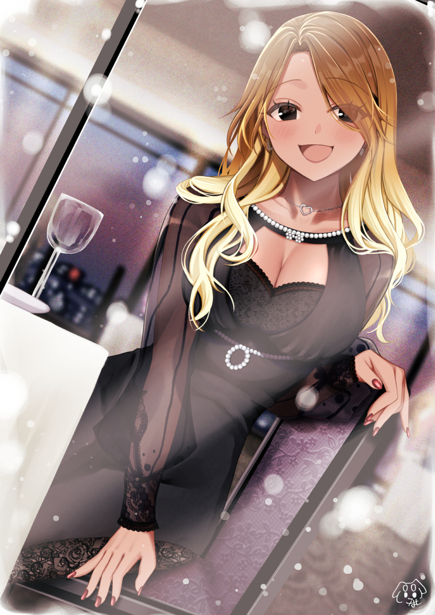 alternate_costume black_dress blonde_hair blush breasts brown_hair cleavage collarbone dress female fingernails gradient_hair hamcheeseand highres idolmaster idolmaster_shiny_colors izumi_mei large_breasts looking_at_viewer multicolored_hair nail_polish see-through see-through_sleeves signature smile solo