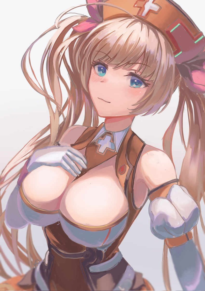 ahoge arm_belt armpit_crease blonde_hair blue_eyes blush bow breasts cleavage cleavage_cutout closed_mouth clothing_cutout collared_shirt commentary_request cross curly_hair detached_sleeves dian_cecht_(kamihime_project) female gloves grey_background hairbow hand_on_own_chest hat highres kamihime_project kitaugetu large_breasts long_hair looking_at_viewer nurse nurse_cap orange_hat orange_shirt orange_skirt puffy_detached_sleeves puffy_sleeves red_bow shirt skirt sleeveless solo twintails white_gloves