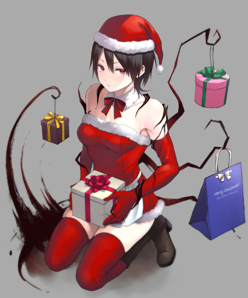 biomega box breasts christmas closed_mouth dress female full_body fur-trimmed_dress fur-trimmed_headwear fur_trim gift gift_box gloves hat highres looking_at_viewer medium_breasts merry_christmas nyaldee red_gloves red_hat red_thighhighs sakuma_tsukasa santa_dress santa_hat short_hair simple_background solo thighhighs