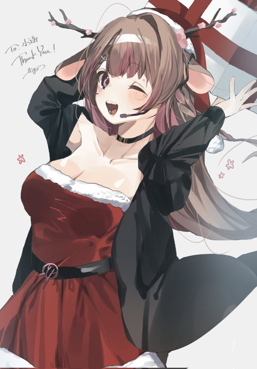 ;d animal_ears antlers belt black_belt black_choker black_jacket blue_eyes breasts brown_hair choker christmas cleavage deer_antlers deer_ears dress exitus female gradient_eyes hat headset highres horns jacket kannazuki_lubee long_hair multicolored_eyes multicolored_hair one_eye_closed open_clothes open_jacket pink_eyes pink_hair red_dress santa_hat smile solo streaked_hair virtual_youtuber youzek0611