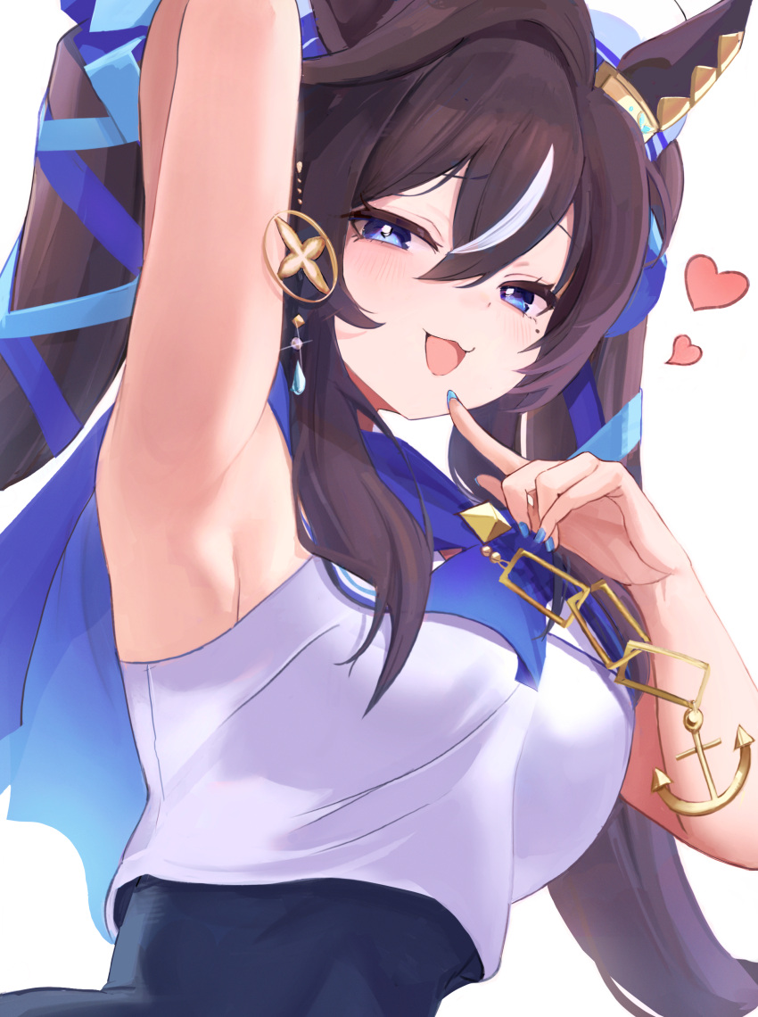 :3 absurdres animal_ears arm_up armpits bare_shoulders blue_bow blue_eyes blue_nails blush bow breasts brown_hair commentary_request ear_covers female finger_to_mouth hair_between_eyes hair_ornament heart highres horse_ears horse_girl inaba_(usanopo) long_hair looking_at_viewer medium_breasts mole mole_under_eye multicolored_hair nail_polish naughty_face open_mouth shirt simple_background single_ear_cover sleeveless sleeveless_shirt smile solo streaked_hair umamusume upper_body very_long_hair vivlos_(umamusume) white_background white_hair white_headwear white_shirt