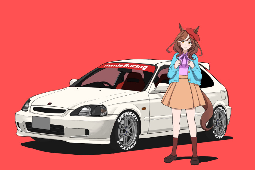 animal_ears blue_jacket breasts brown_footwear brown_hair brown_skirt brown_socks car clenched_hands closed_mouth commentary_request female full_body highres honda honda_civic honda_civic_type_r horse_ears horse_girl horse_tail jacket long_hair long_sleeves matikane_tannhauser_(umamusume) medium_breasts miya_nns35 motor_vehicle multicolored_hair official_alternate_costume open_clothes open_jacket purple_shirt red_background red_headwear shadow shirt skirt smile socks solo streaked_hair tail umamusume vehicle_focus white_hair