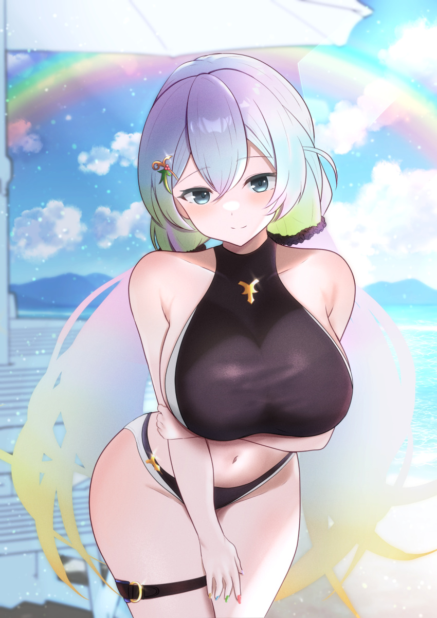 arm_under_breasts bare_arms bare_shoulders blue_eyes blue_hair blue_sky blurry breasts closed_mouth cloud collarbone cowboy_shot cupitan_(granblue_fantasy) cupitan_(summer)_(granblue_fantasy) female gradient_hair granblue_fantasy hair_between_eyes hair_ornament hair_scrunchie hairclip hand_on_own_arm head_tilt highres hilda_sakura large_breasts leaning_forward lens_flare light_blue_hair long_hair looking_at_viewer low_twintails multicolored_hair multicolored_nails navel ocean outdoors parasol rainbow scrunchie sky smile solo stomach thigh_strap twintails two-tone_swimsuit umbrella very_long_hair water