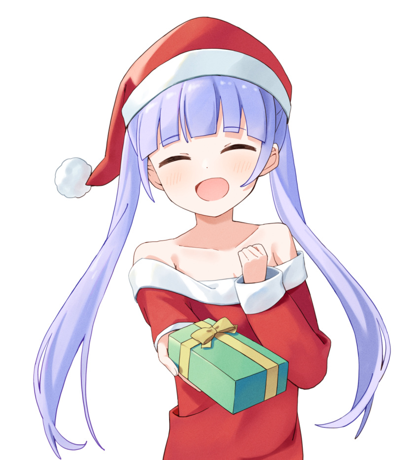 blush box closed_eyes female foreshortening gift gift_box haru_(konomi_150) hat highres holding holding_gift long_hair long_sleeves new_game! off_shoulder open_mouth pom_pom_(clothes) purple_eyes purple_hair red_hat santa_costume santa_hat simple_background smile solo suzukaze_aoba twintails upper_body white_background