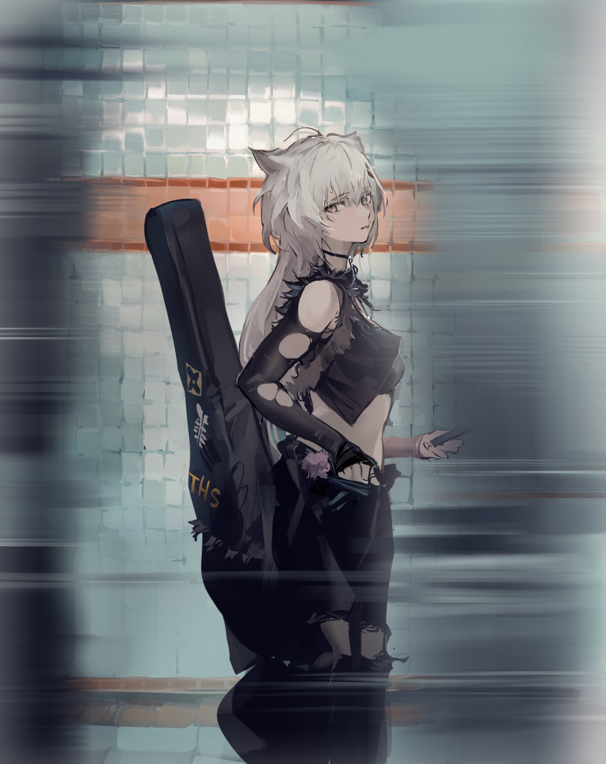 absurdres animal_ears arknights black_jacket black_pants black_shirt crop_top female grey_eyes grey_hair guitar_case highres holding holding_phone instrument_case jacket koio lappland_(arknights) looking_at_viewer looking_to_the_side midriff pants parted_lips phone reflection shirt solo torn_clothes torn_sleeves wolf_ears wolf_girl