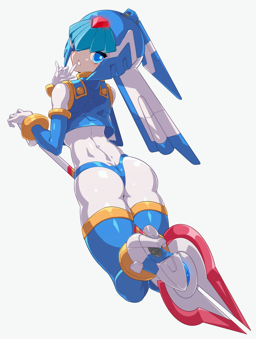 absurdres ass blue_eyes blue_headwear crop_top fairy_leviathan_(mega_man) female forehead_jewel from_behind gd._fengzi helmet high_heels highres looking_at_viewer looking_back mega_man_(series) mega_man_zero_(series) simple_background solo white_background