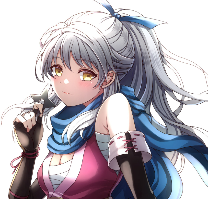 bandages bare_shoulders black_gloves blue_ribbon blush breasts chest_sarashi cleavage commentary_request elbow_gloves female fire_emblem fire_emblem:_radiant_dawn fire_emblem_heroes gloves hair_ribbon hand_up highres holding holding_weapon japanese_clothes kimono long_hair looking_at_viewer micaiah_(fire_emblem) micaiah_(ninja)_(fire_emblem) official_alternate_costume official_alternate_hairstyle pink_kimono ponytail ribbon sarashi shuriken sleeveless sleeveless_kimono smile solo upper_body very_long_hair weapon white_hair yellow_eyes yozu_(yozu0420)