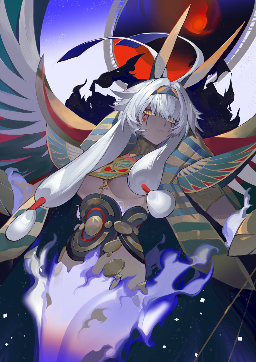 absurdres animal_ears antenna_hair bingansuan_jiamouren breasts closed_mouth commentary dark-skinned_female dark_skin egyptian egyptian_clothes expressionless facepaint facial_mark fake_wings fate/grand_order fate_(series) female fire from_below grey_hair hair_flaps hair_tubes hairband highres jackal_ears jewelry long_hair looking_at_viewer looking_down medium_breasts nemes nitocris_(fate) nitocris_alter_(fate) nitocris_alter_(third_ascension)_(fate) sidelocks slit_pupils solo underbust usekh_collar white_fire wings yellow_eyes