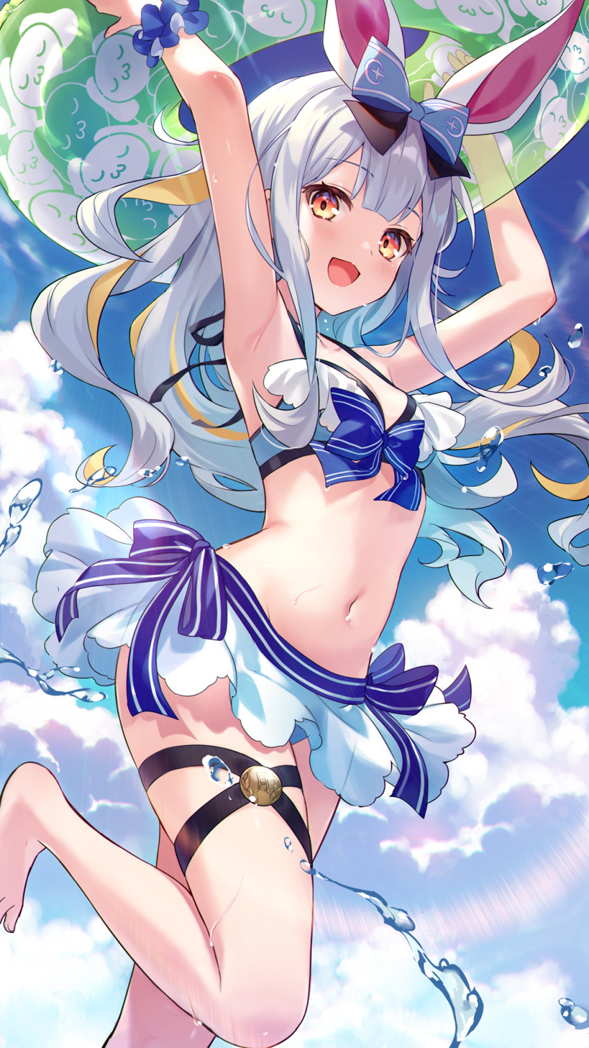 animal_ears armpits arms_up bare_arms bare_shoulders barefoot bikini bikini_skirt blue_bikini blue_bow blue_scrunchie blue_sky blunt_bangs bow bow_bikini breasts cloud cloudy_sky colored_inner_hair criss-cross_straps day female floating_hair foot_up frilled_bikini frills grey_hair hair_between_eyes hairbow highres holding holding_swim_ring iku2727 indie_virtual_youtuber innertube long_hair looking_at_viewer mochizuki_himari multicolored_hair navel open_mouth orange_eyes outdoors ribbon scrunchie sidelocks sky small_breasts smile solo splashing standing standing_on_one_leg striped striped_ribbon sunlight swim_ring swimsuit thigh_strap two-tone_hair virtual_youtuber water water_drop wet wrist_scrunchie