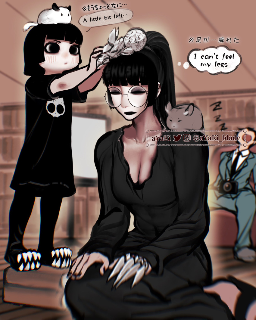 3girls abysse_(ayaki_blade) animal_on_head animal_on_shoulder aqua_suit artist_name ayaki_blade bilingual black_dress black_eyes black_eyeshadow black_hair black_nails black_necktie blunt_bangs bob_cut book book_stack breasts camera chinchilla_(animal) claws cleavage closed_eyes commentary dress dslr english_commentary english_text eyeshadow glasses goth_fashion highres large_breasts lolicon makeup mixed-language_commentary mixed-language_text multiple_girls necktie on_head origami original ponytail round_eyewear siblings sisters sitting sleeping suit sylense_(ayaki_blade) thought_bubble tomoka_(ayaki_blade) twitter_username v-shaped_eyebrows wariza watermark zzz