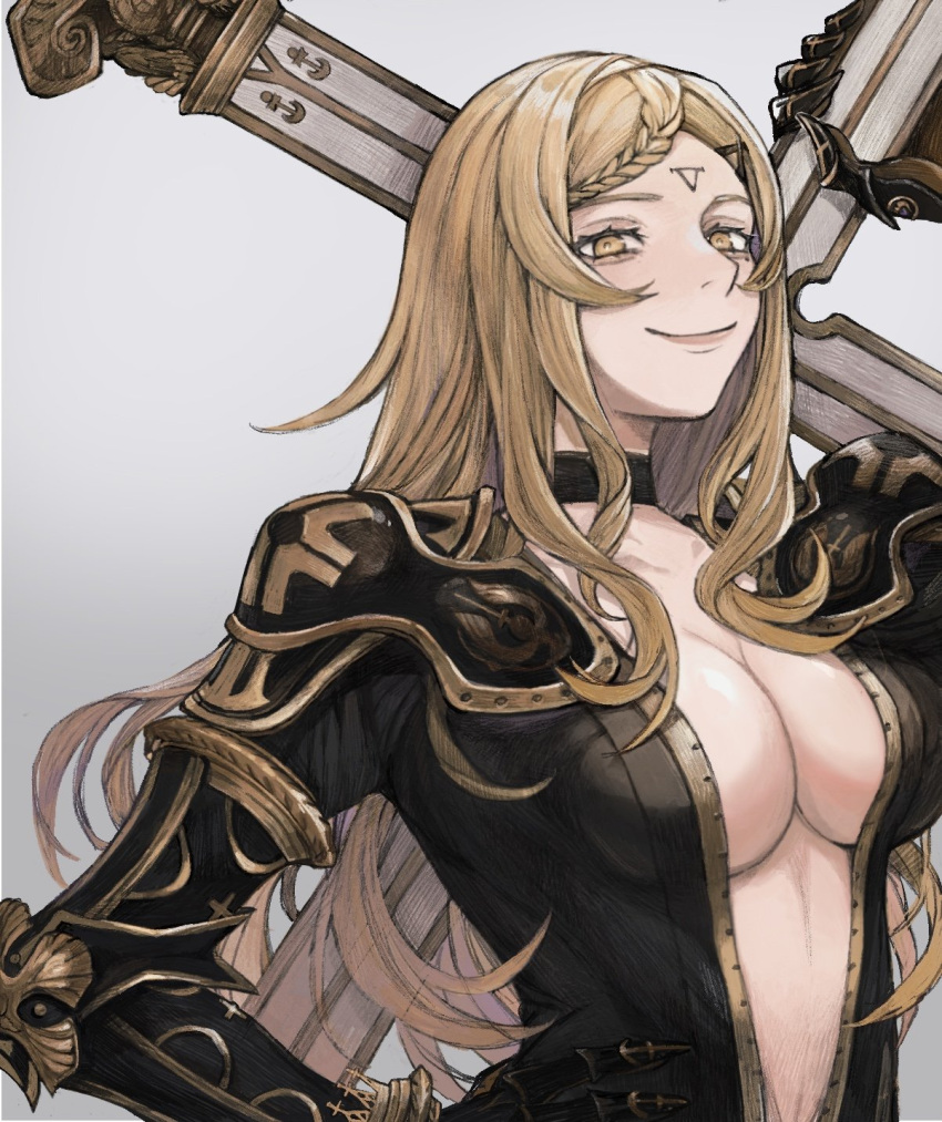 armor blonde_hair braid breasts cleavage commentary_request drag-on_dragoon drag-on_dragoon_3 eyelashes facial_mark female five_(drag-on_dragoon) forehead_mark gold_trim grey_background hand_on_own_hip highres holding holding_weapon large_breasts long_hair parted_bangs plunging_neckline simple_background smile solo tricoliet upper_body weapon yellow_eyes