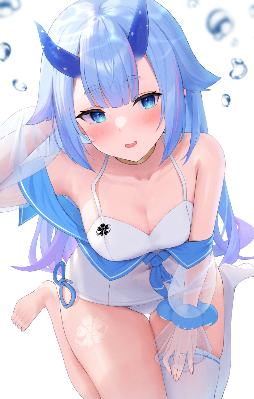 air_bubble alternate_color_school_swimsuit azur_lane blue_eyes blue_hair blue_horns breasts bubble commission female futon_fly_away gold_choker highres horns i-13_(azur_lane) long_hair looking_at_viewer one-piece_swimsuit open_mouth pixiv_commission ribbon-trimmed_thighhighs ribbon_trim sakura_empire_(emblem) school_swimsuit see-through see-through_sleeves short_eyebrows single_thighhigh small_breasts smile solo swimsuit thick_eyebrows thighhighs thighs translucent_horns very_long_hair white_background white_one-piece_swimsuit white_thighhighs