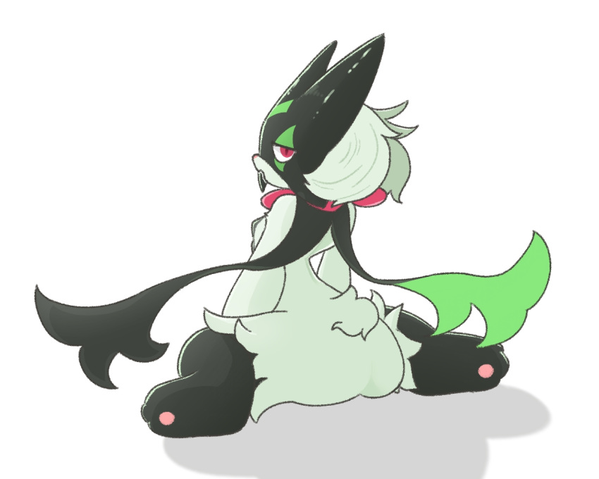 2023 3_toes 5:4 ambiguous_gender anthro ass biped black_body black_fur colored digital_media_(artwork) feet felid feline fluffy fluffy_tail frill_(anatomy) full-length_portrait fur generation_9_pokemon green_body green_ears green_fur green_tail half-closed_eyes hindpaw kemono leg_markings lok_cat looking_at_viewer looking_back looking_back_at_viewer mammal markings meowscarada monotone_tail multicolored_body multicolored_fur narrowed_eyes neck_frill nintendo nude open_mouth pawpads paws pink_nose pink_pawpads pokemon pokemon_(species) portrait pupils rear_view red_eyes scut_tail shaded short_tail simple_background sitting socks_(marking) solo tail three-quarter_view toes two_tone_body two_tone_fur white_background