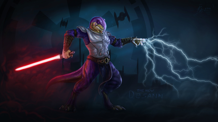 16:9 alien anthro chistori desann hi_res karukuji lightsaber male melee_weapon purple_body purple_eyes red_lightsaber reptile scalie sharp_teeth solo star_wars teeth the_force weapon widescreen