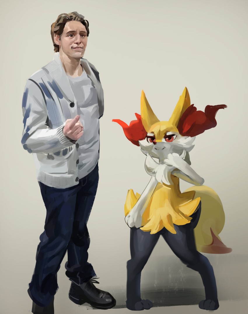 2023 absurd_res ambiguous_gender anthro austinarts4 black_body black_fur braixen clothed clothing digital_media_(artwork) duo fur generation_6_pokemon gesture hand_gesture hi_res human inner_ear_fluff jeremy_harrington jerma985 male mammal nintendo pointing pokemon pokemon_(species) pose real_world red_eyes simple_background smile tail tuft yellow_body yellow_fur