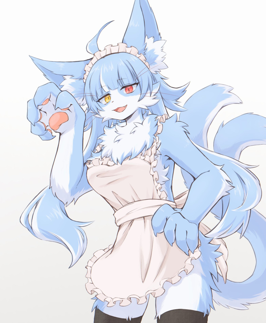 2023 5_fingers anthro apron blue_body blue_fur clothing female fingers fur hi_res inner_ear_fluff japan_air_self-defense_force legwear maid_apron multicolored_eyes omaneko_(jasdf) open_mouth simple_background ska_siyu solo thigh_highs tuft white_background white_body white_fur