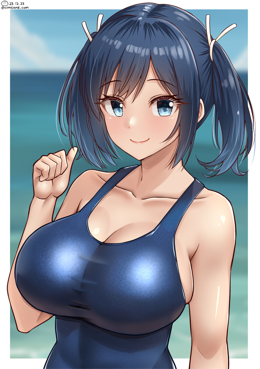 beach blue_eyes blue_hair blue_one-piece_swimsuit blue_sky blush border breasts cloud collarbone day female hair_ribbon highres kantai_collection large_breasts looking_at_viewer ocean one-hour_drawing_challenge one-piece_swimsuit outdoors ribbon school_swimsuit shiromaru_(maniado) short_hair sky smile solo souryuu_(kancolle) swimsuit twintails twitter_username upper_body white_border