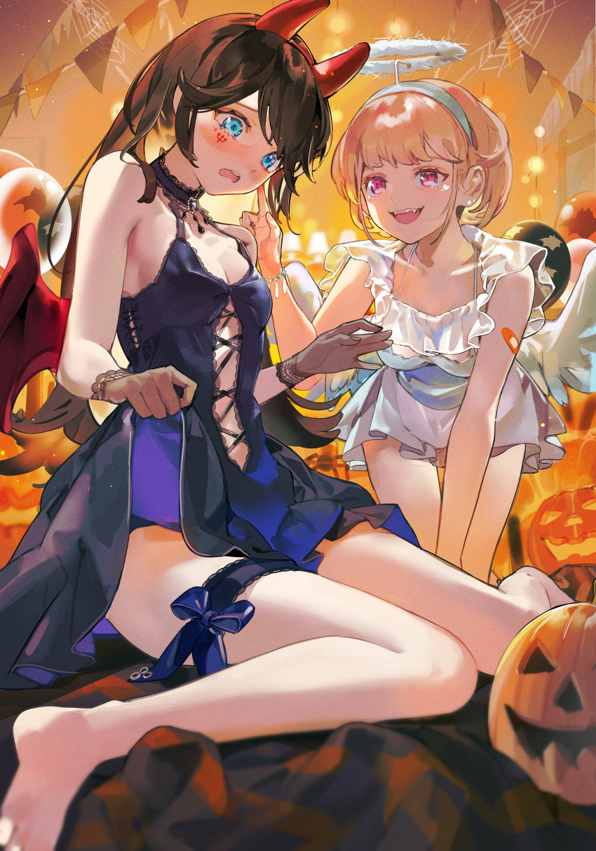 2girls absurdres angel_and_devil angel_wings bandaid bandaid_on_arm bare_shoulders barefoot black_brooch black_gloves black_hair blonde_hair blue_choker blue_dress blush breasts cheek_poking choker cleavage clothing_cutout commentary_request commission cross-laced_clothes cross-laced_cutout demon_wings dress embarrassed facial_mark fake_halo fake_horns fangs film_grain gloves halloween halo highres horns knees_together_feet_apart lace-trimmed_choker lace_trim legs long_hair medium_breasts multiple_girls nik_ibi open_mouth original partial_commentary pink_eyes pixiv_commission poking short_hair sitting sleeveless sleeveless_dress stomach_cutout teeth thigh_strap toes upper_teeth_only wariza white_dress wings