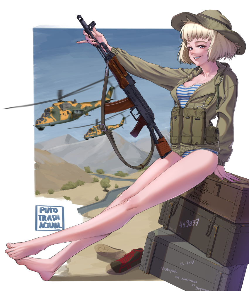 absurdres afghanistan aircraft ak-74 aks-74 ammunition_pouch artist_name assault_rifle bare_legs barefoot blonde_hair bob_cut breasts brown_eyes bucket_hat camouflage collarbone commentary fatigues feet female full_body green_jacket grin gun gun_sling hat helicopter highres holding holding_gun holding_weapon jacket kalashnikov_rifle legs load_bearing_equipment long_sleeves looking_at_viewer magazine_(weapon) medium_hair mi-24 military military_uniform military_vehicle no_pants open_clothes open_jacket original outdoors pouch puto_trash rifle shirt shoes sitting sky smile solo soviet soviet_army striped_clothes striped_shirt teeth telnyashka thighs toenails toes uniform unworn_shoes variant_set war_in_afghanistan weapon