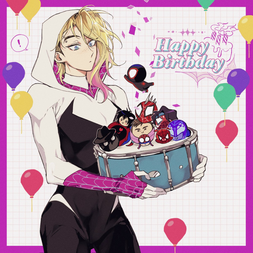 ! balloon blonde_hair bodysuit border chibi colored_tips drum eyebrow_piercing grid_background gugusam0 gwen_stacy happy_birthday highres hood hooded_bodysuit instrument knit_hat korean_commentary marvel mask mayday_parker multicolored_hair peni_parker peter_b_parker piercing purple_border smile sp//dr spider-byte spider-gwen spider-ham spider-man:_across_the_spider-verse spider-man_(miles_morales) spider-man_(series) spider-man_india spider-man_noir spider-punk spider-verse spider_web_print spoken_exclamation_mark two-tone_bodysuit