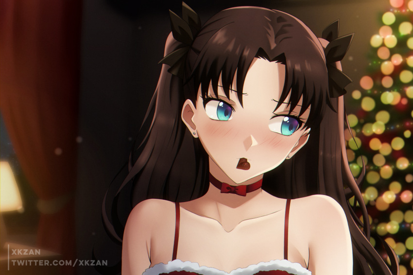 armpit_crease artist_name averting_eyes bare_shoulders black_bow black_hair black_ribbon blue_eyes blurry blurry_background blush bow bow_choker breasts brown_hair candy chocolate choker christmas christmas_lights christmas_tree closed_mouth collarbone commentary_request curtains earrings embarrassed eyelashes fate/stay_night fate_(series) female food food_in_mouth fur_trim hair_intakes hair_ornament hair_ribbon hairband hairbow heart heart-shaped_chocolate highres indoors jewelry lamp light light_particles long_hair looking_to_the_side medium_breasts mouth_hold night parted_bangs partial_commentary pov pov_dating red_choker ribbon shiny_skin solo spaghetti_strap straight_hair stud_earrings tohsaka_rin tsundere twintails twitter_username two_side_up upper_body xkzan