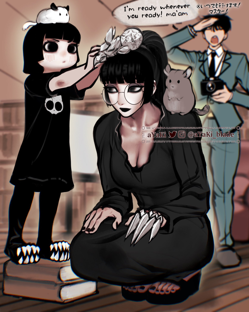 3girls abysse_(ayaki_blade) animal_on_head animal_on_shoulder aqua_suit artist_name ayaki_blade bilingual black_dress black_eyes black_eyeshadow black_hair black_nails black_necktie blunt_bangs bob_cut book book_stack breasts camera chinchilla_(animal) claws cleavage closed_eyes commentary dress dslr english_commentary english_text engrish_text eyeshadow glasses goth_fashion highres large_breasts lolicon makeup mixed-language_commentary mixed-language_text multiple_girls nail_polish necktie on_head origami original ponytail ranguage round_eyewear salute sandals siblings sisters squatting suit sylense_(ayaki_blade) toenail_polish toenails tomoka_(ayaki_blade) twitter_username v-shaped_eyebrows watermark