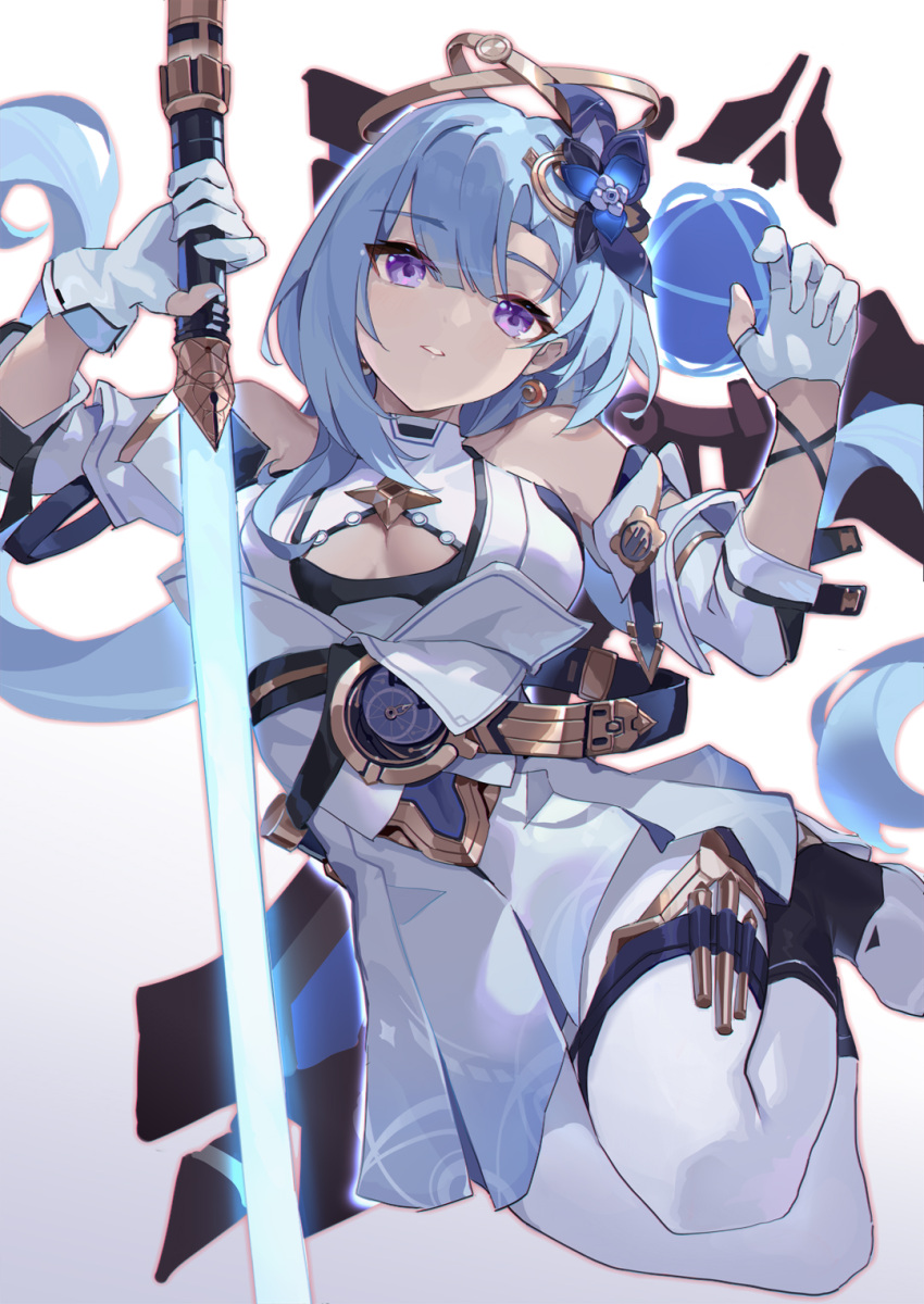 asc11 bare_shoulders belt blue_hair blue_lightsaber boots breasts cleavage cleavage_cutout closed_mouth clothing_cutout detached_sleeves dress earrings energy_sword female flower gloves griseo griseo_(cosmic_expression) hair_flower hair_ornament highres holding holding_lightsaber holding_sword holding_weapon honkai_(series) honkai_impact_3rd jewelry lightsaber long_hair looking_at_viewer medium_breasts pantyhose parted_lips purple_eyes simple_background smile solo sword thighhighs weapon white_background white_dress white_gloves white_thighhighs