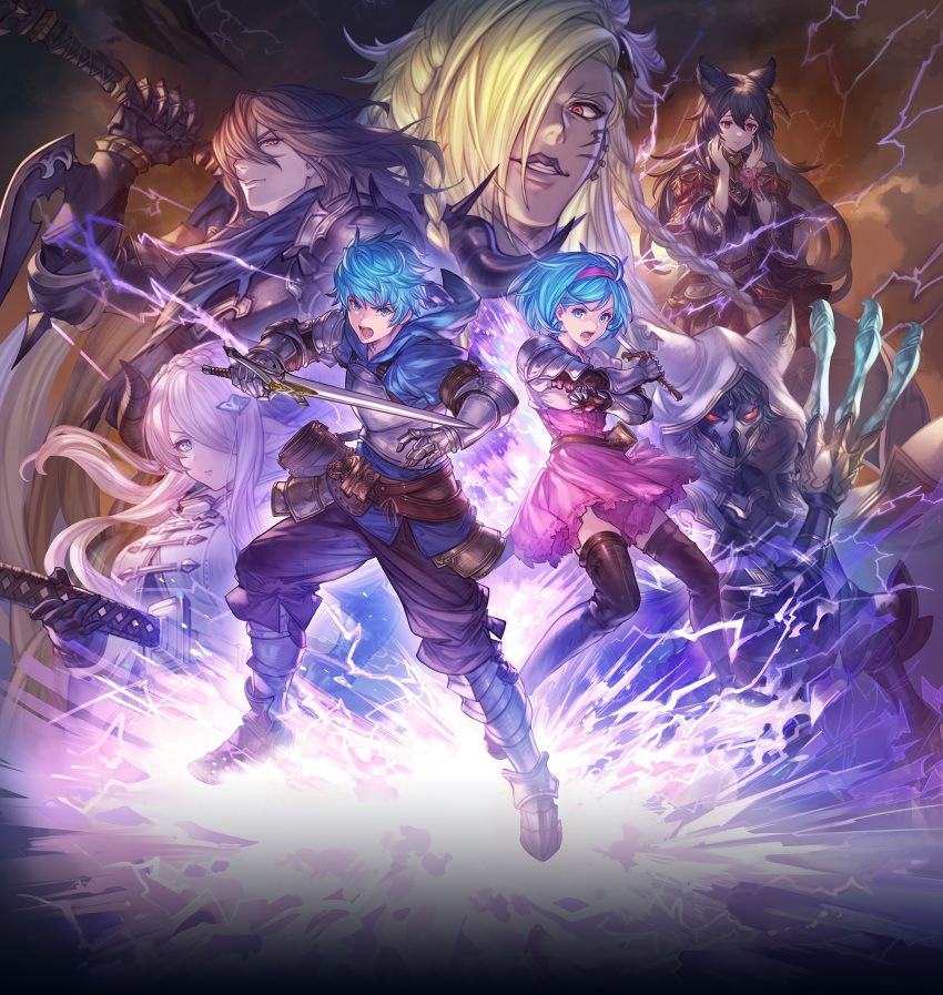 3girls 4boys animal_ears armor beelzebub_(granblue_fantasy) black_hair blonde_hair blue_eyes blue_hair brown_hair claw_(weapon) dark-skinned_male dark_skin djeeta_(granblue_fantasy) draph electricity erune fighter_(granblue_fantasy) full_body gauntlets gloves gran_(granblue_fantasy) granblue_fantasy granblue_fantasy_versus:_rising guider_to_the_eternal_edge hair_between_eyes hair_over_one_eye hairband highres holding holding_sword holding_weapon horns katana long_hair mask multiple_boys multiple_girls narmaya_(granblue_fantasy) nier_(granblue_fantasy) official_art pink_hair pointy_ears red_eyes seox_(granblue_fantasy) shoulder_armor siegfried_(granblue_fantasy) skirt sword weapon