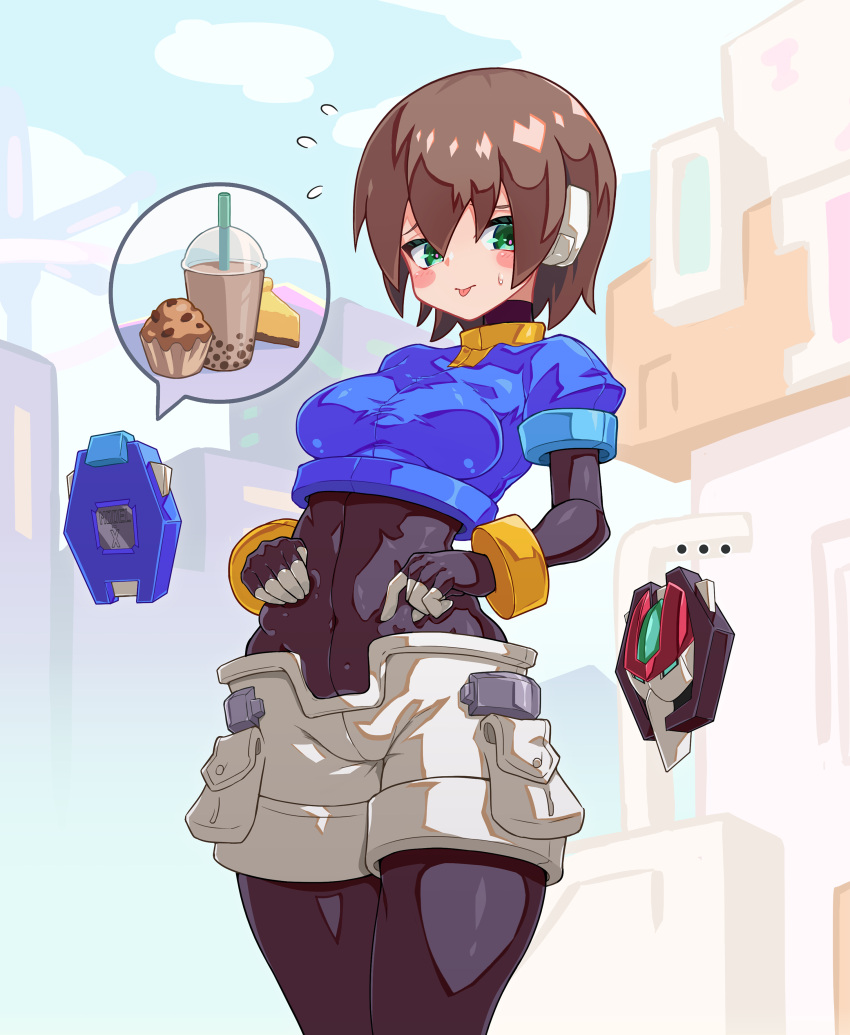 ... absurdres aile_(mega_man_zx) biometal black_bodysuit blue_jacket blush_stickers bodysuit breasts brown_hair bubble_tea cheesecake cropped_jacket female food gd._fengzi green_eyes highres jacket mega_man_(series) mega_man_zx model_x_(mega_man) model_z_(mega_man) muffin short_hair short_sleeves shorts small_breasts speech_bubble weight_conscious white_shorts