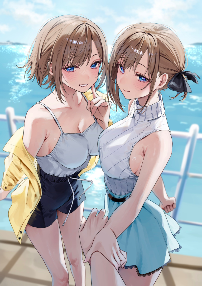 2girls absurdres black_ribbon blue_eyes blue_shorts blue_skirt blurry blurry_background blush breasts brown_hair camisole chigusa_minori cleavage closed_mouth commentary_request cover cover_image futago_matomete_kanojo_ni_shinai? hair_ribbon highres holding_another's_wrist index_finger_raised jacket large_breasts looking_at_viewer multiple_girls novel_illustration ocean off_shoulder official_art open_clothes open_jacket open_mouth outdoors pov pov_hands ribbon second-party_source shirt short_hair shorts siblings sideboob sidelocks skirt sleeveless sleeveless_shirt spaghetti_strap textless_version twins usami_chikage usami_hikari white_camisole white_shirt yellow_jacket