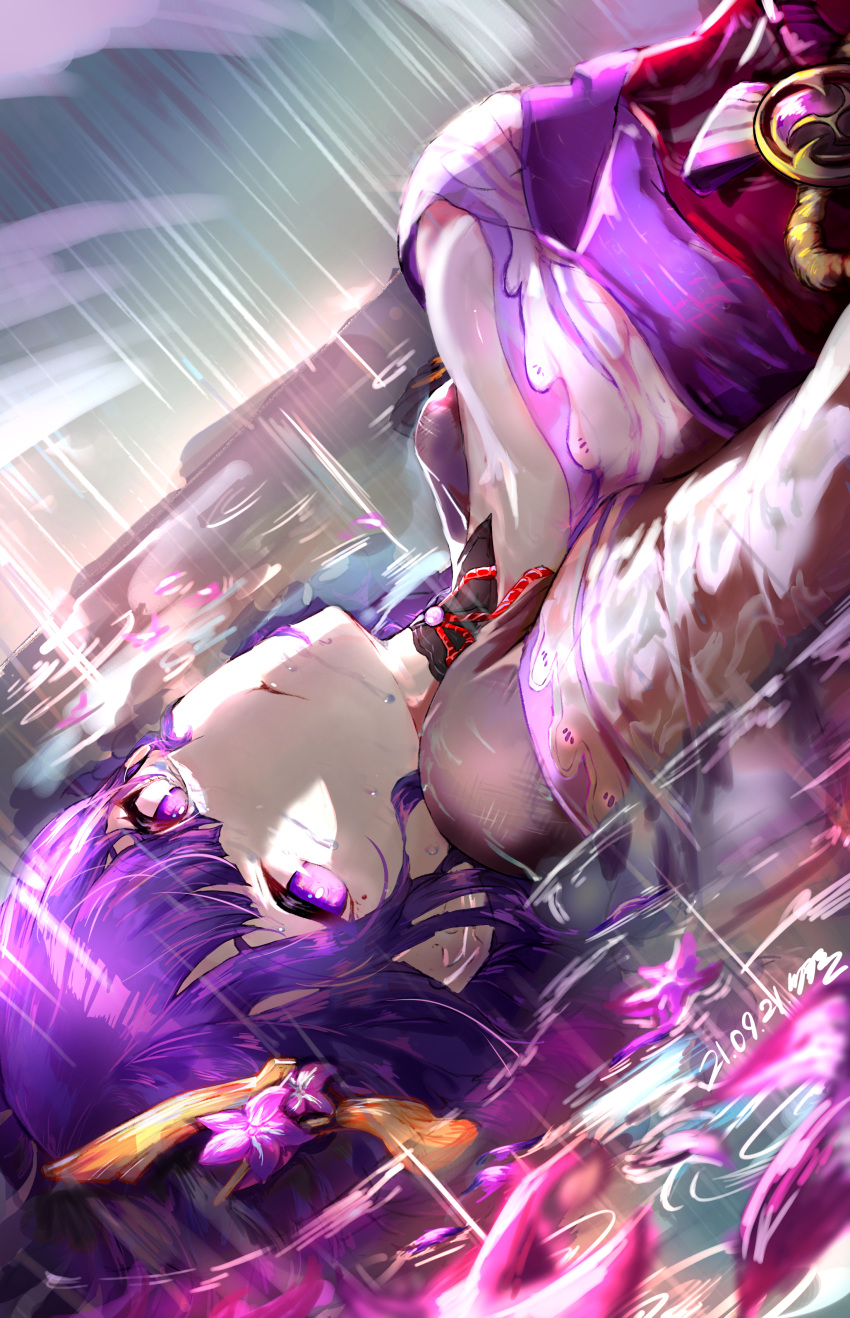 absurdres blunt_bangs breasts commentary_request cropped_torso dated detached_collar expressionless female flower genshin_impact gofhme hair_flower hair_ornament highres japanese_clothes korean_commentary large_breasts long_hair long_sleeves looking_at_viewer lying mitsudomoe_(shape) obi obiage obijime on_back purple_eyes purple_hair raiden_shogun rain sash solo tomoe_(symbol) upper_body water_drop