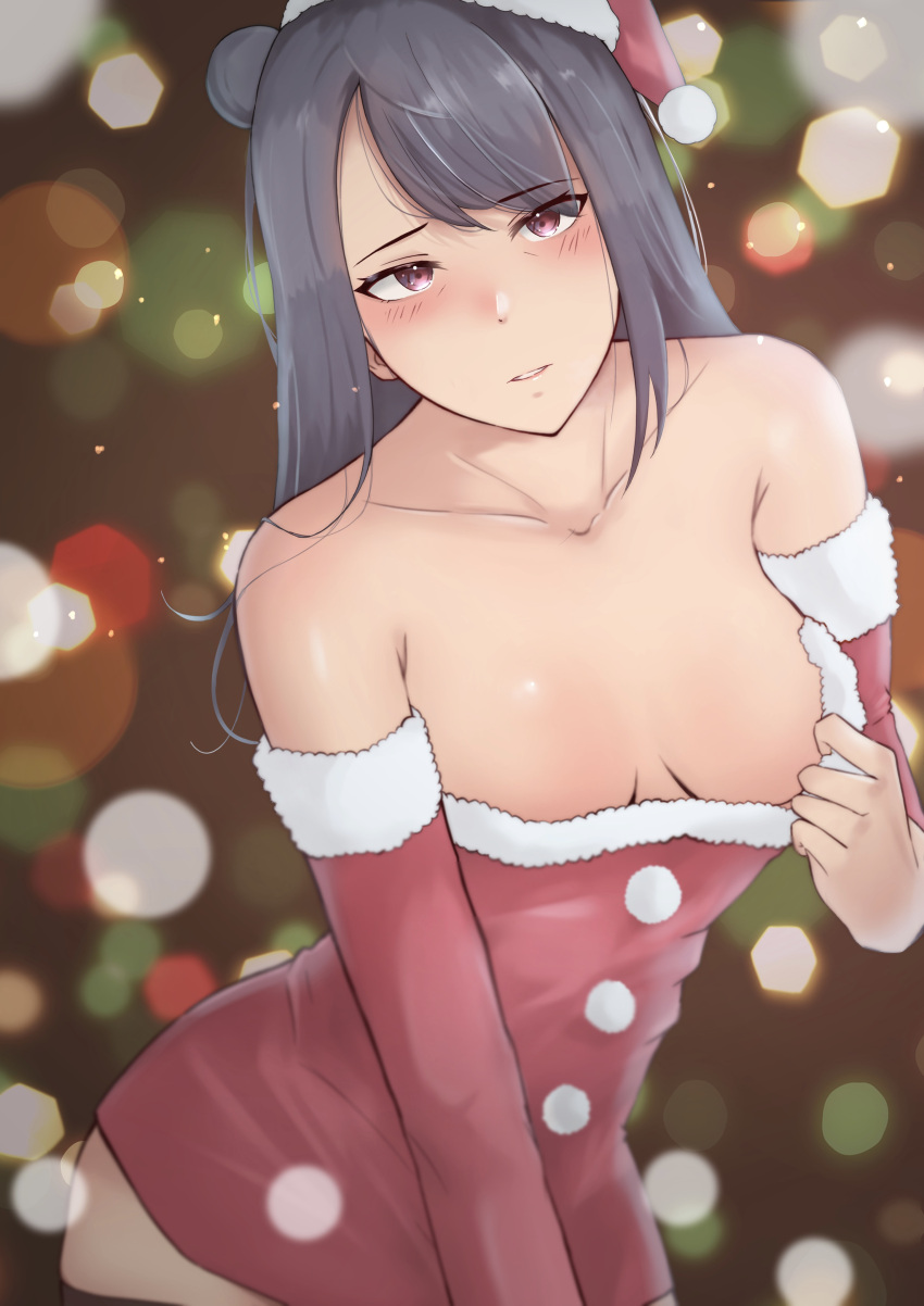 absurdres adjusting_dress armpit_crease black_thighhighs blurry blurry_background blush breasts christmas collarbone commentary_request detached_sleeves double-parted_bangs dress female fur-trimmed_dress fur-trimmed_sleeves fur_trim grey_hair hair_bun hat highres long_hair looking_at_viewer love_live! love_live!_sunshine!! mature_female partial_commentary pink_eyes santa_dress santa_hat shadow short_dress single_side_bun small_breasts tareme thighhighs tsushima_yoshiko's_mother ub_takami