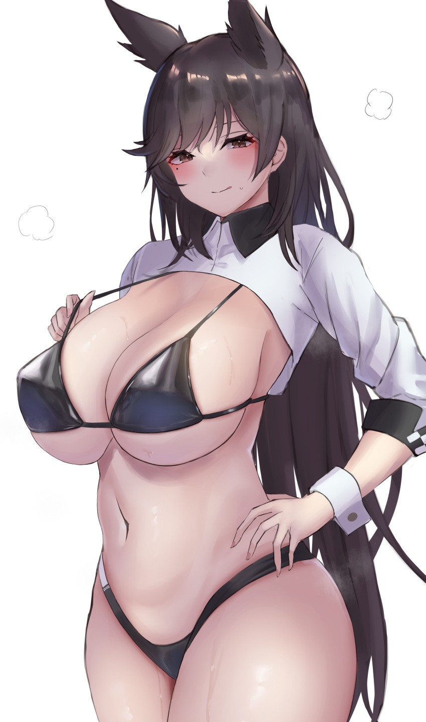 absurdres animal_ears atago_(azur_lane) atago_(stunning_speedster)_(azur_lane) azur_lane bikini black_bikini black_hair blush breasts cleavage dog_ears extra_ears female highleg highleg_bikini highres large_breasts long_hair long_sleeves looking_at_viewer navel official_alternate_costume race_queen satou_aji shrug_(clothing) smile solo stomach swept_bangs swimsuit thighs white_background wrist_cuffs