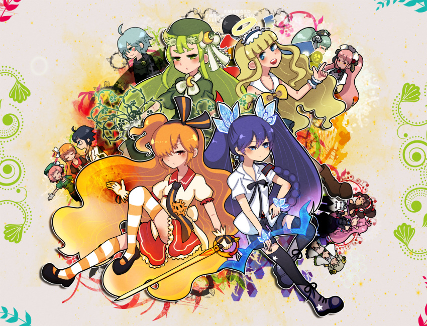 2boys 6+girls ahoge ariel_valtiel_westcot black_footwear black_hairband black_legwear black_necktie black_shorts blonde_hair blue_eyes blue_hair blunt_bangs blush boots bow_(weapon) brown_hair buccellato_(nisikiba) character_request closed_mouth commentary_request crescent crescent_hair_ornament dress earrings etia_visconti frilled_dress frills gen'ei_wo_kakeru_taiyou gradient_hair green_eyes green_hair hair_ornament hair_over_one_eye hairband halo hand_on_own_hip highres holding holding_bow_(weapon) holding_sword holding_weapon hoshikawa_seira index_finger_raised jewelry knee_boots long_hair maid maid_headdress mary_janes meltina_melvis multicolored_hair multiple_boys multiple_girls necktie orange_hair partial_commentary pink_hair priscilla_twilight red_skirt shirokane_ginka shirt shoes short_sleeves shorts sidelocks skirt striped_clothes striped_thighhighs sword taiyou_akari taiyou_hinata tendou_mutsuki tendou_mutsumi tendou_nanase thighhighs tsukuyomi_luna twintails very_long_hair weapon white_shirt wrist_cuffs