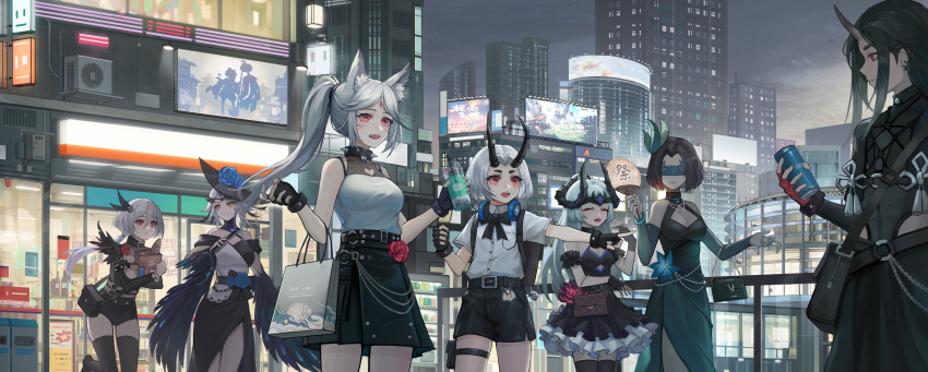 1boy 6+girls absurdres androgynous animal_ear_fluff animal_ears bag billboard black_collar black_gloves black_hair black_horns black_legwear black_ribbon blindfold breasts can character_request chinese_commentary city cityscape cleavage cleavage_cutout clothing_cutout cloud cloudy_sky collar commentary_request dress fingerless_gloves flower frilled_dress frills gloves green_hair hair_between_eyes hair_ornament hakurou_(onmyoji) handbag hat headphones heart_cutout highres holding holding_bag holding_can horns itsumade_(onmyoji) kyuuketsu_hime multiple_girls oni_horns onmyoji outdoors photoshop_(medium) ponytail pouch red_eyes ribbon rose skirt sky smile spiked_collar spikes standing storefront thigh_pouch thighhighs ubume_(onmyoji) white_hair yellow_eyes yuki_douji_(onmyoji) zhai