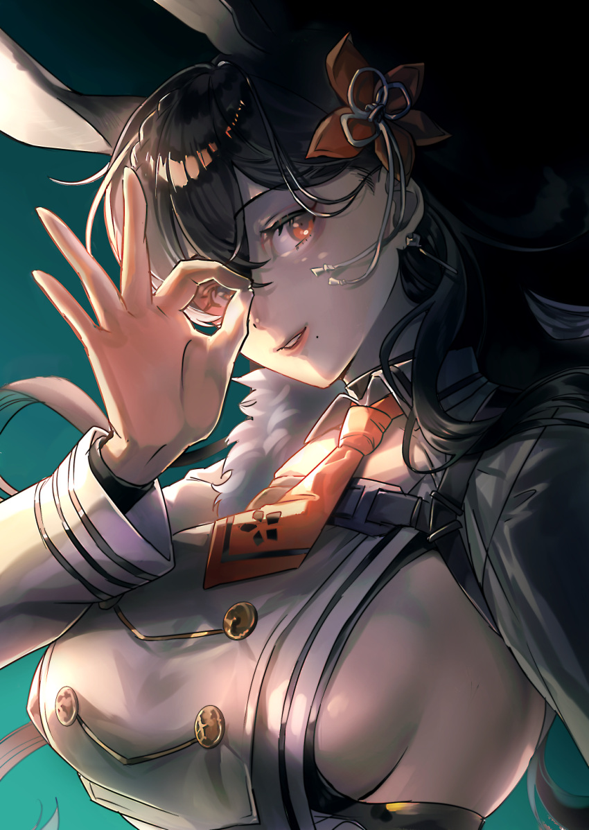 animal_ears azur_lane black_hair breast_curtain breasts chikuma_(azur_lane) earrings extra_ears female flower furon_(froon) hair_between_eyes hair_flower hair_ornament highres jewelry large_breasts long_hair mole mole_under_mouth necktie ok_sign orange_eyes orange_flower orange_necktie short_necktie sideboob solo upper_body