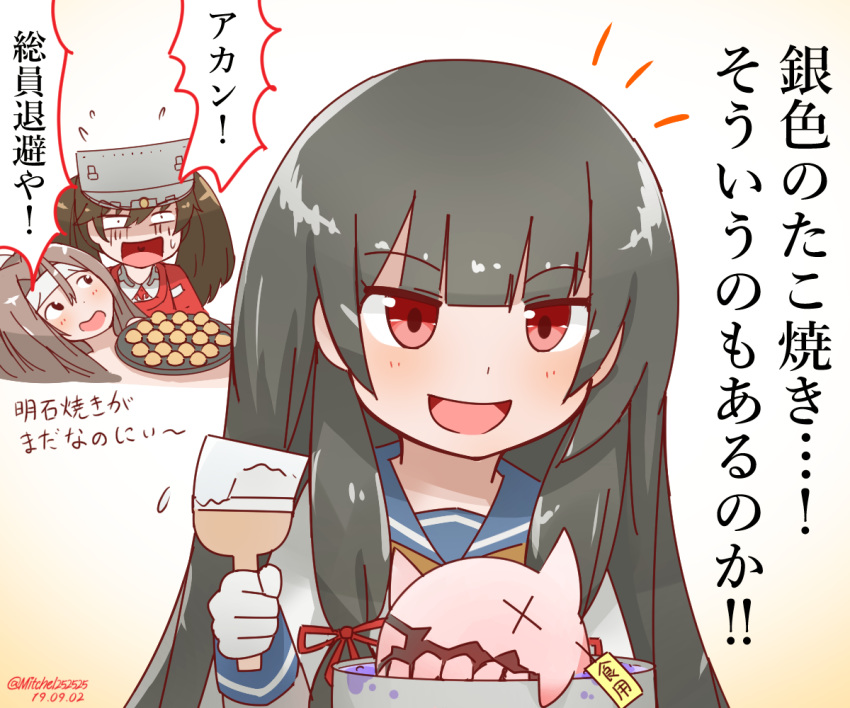 3girls :d abyssal_ship akashiyaki black_hair blunt_bangs brown_hair check_translation commentary_request dated floating_fortress_(kancolle) flying_sweatdrops food gloves hachimaki hair_ribbon headband holding holding_paintbrush isokaze_(kancolle) japanese_clothes kantai_collection kariginu light_brown_hair long_hair magatama mitchell_(dynxcb25) multiple_girls notice_lines open_mouth paintbrush pot red_eyes ribbon ryuujou_(kancolle) school_uniform serafuku smile sweatdrop takoyaki topless translation_request tray tress_ribbon twintails twitter_username visor_cap white_gloves x_x zuihou_(kancolle)