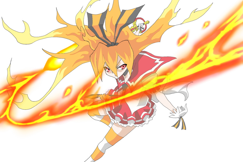 back_bow black_choker bow choker closed_mouth commentary_request feet_out_of_frame female fire gen'ei_wo_kakeru_taiyou gloves hair_between_eyes hair_ribbon hairband highres holding holding_weapon leg_up ohako orange_hair orange_hairband orange_ribbon orange_thighhighs petticoat puffy_short_sleeves puffy_sleeves red_eyes red_sailor_collar red_skirt ribbon sailor_collar school_uniform serafuku serious short_sleeves simple_background skirt solo striped_clothes striped_thighhighs taiyou_akari thighhighs weapon white_background white_bow white_gloves zettai_ryouiki