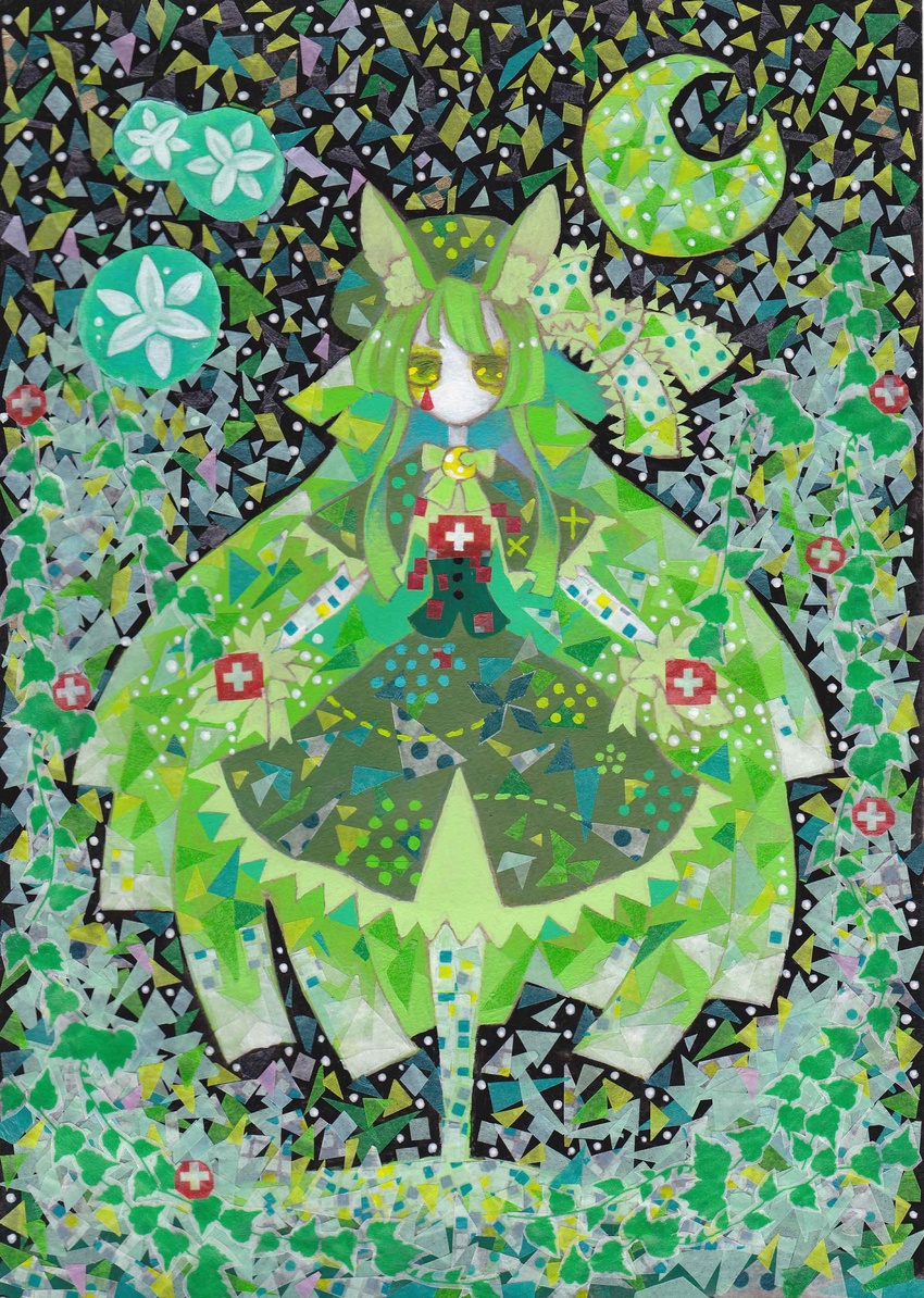 abstract absurdres acrylic_paint_(medium) amani_(speedtonight041) animal_ear_fluff animal_ears capelet commentary_request crescent crescent_moon dress female gen'ei_wo_kakeru_taiyou gloves green_eyes green_hair green_theme hat highres legs_together long_hair moon painting_(medium) sidelocks solo standing teardrop traditional_media tsukuyomi_luna very_long_hair