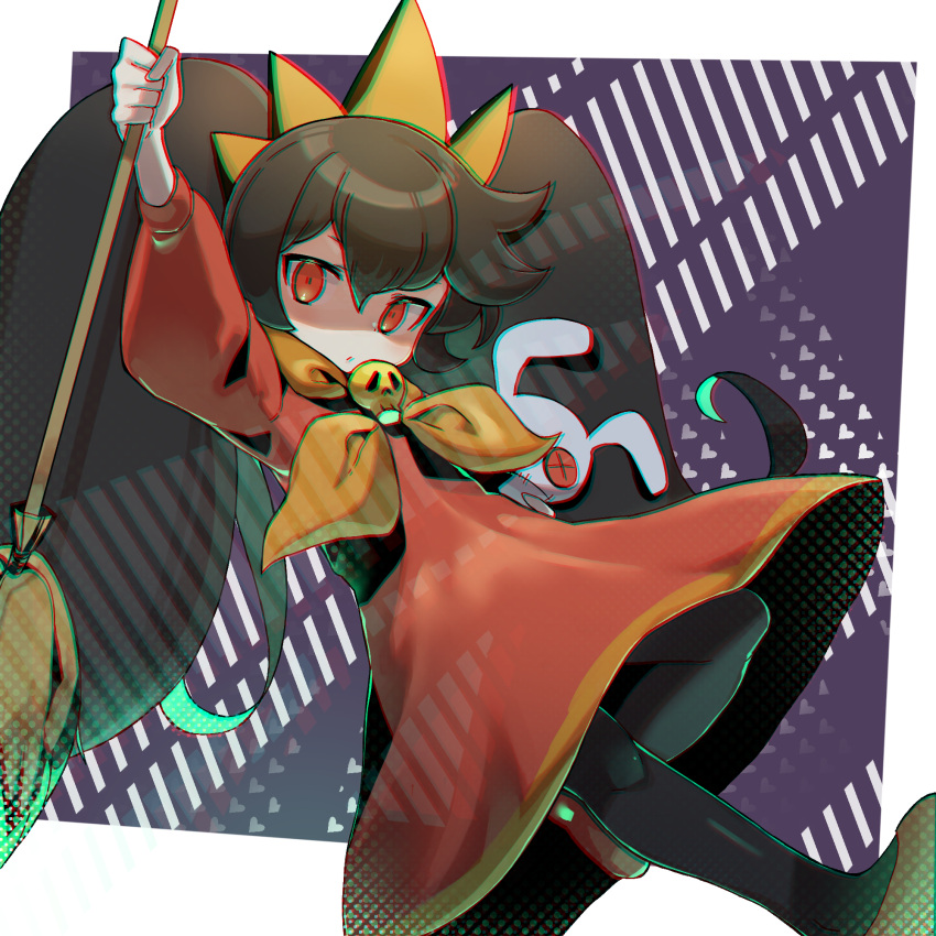 arm_up ashley_(warioware) black_hair black_pantyhose bongnom broom dress female halftone highres leg_up long_hair pantyhose red_dress red_eyes red_footwear shaded_face shoes solo standing standing_on_one_leg stuffed_toy tiara twintails very_long_hair warioware