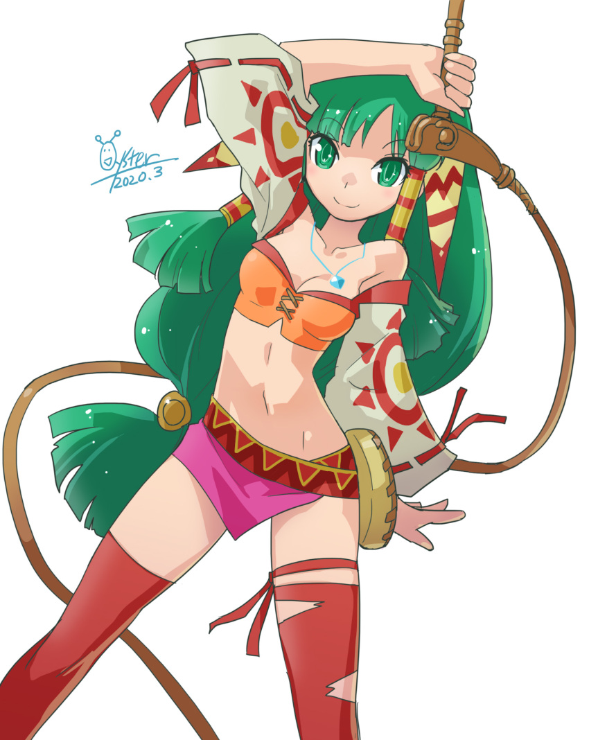 breasts closed_mouth feena_(grandia) female grandia grandia_i green_eyes green_hair hair_ornament hair_tubes highres jewelry long_hair looking_at_viewer low-tied_long_hair midriff navel necklace oyster_(artist) simple_background skirt smile solo thighhighs white_background