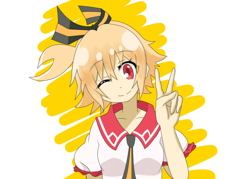 absurdres blonde_hair closed_mouth collarbone commentary_request female gen'ei_wo_kakeru_taiyou hair_ribbon head_tilt highres looking_at_viewer one_eye_closed one_side_up red_eyes ribbon short_sleeves smile solo taiyou_akari upper_body v zoomride