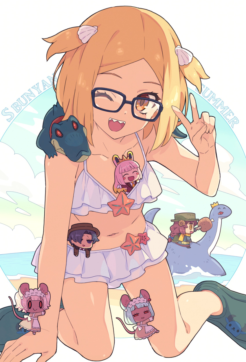 6+girls alligator animal_ears bare_shoulders bikini blonde_hair blush breasts chibi crocodilian daikokuten_(fate) dark-skinned_female dark_skin fate/grand_order fate_(series) giant giantess glasses highres kneeling looking_at_viewer mary_anning_(fate) mouse_ears mouse_girl mouse_tail multiple_girls open_mouth parted_bangs paul_bunyan_(fate) pink_hair plesiosaur red_eyes riyo_servant_(babydoll)_(fate) riyo_servant_(bunnygirl)_(fate) saipaco short_hair small_breasts smile super_bunyan_(fate) swimsuit tail twintails two_side_up white_bikini white_hair yellow_eyes