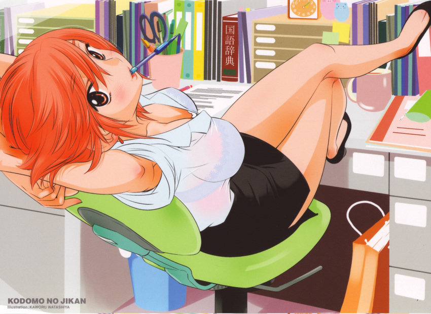 absurdres armpit_peek armpits artist_name bra breasts brown_eyes cleavage copyright_name crossed_legs female high_heels highres houin_kyouko indoors kodomo_no_jikan large_breasts legs lingerie mouth_hold official_art orange_hair pen rotated scan school see-through shoes short_hair sitting solo staff_room teacher underwear watashiya_kaworu