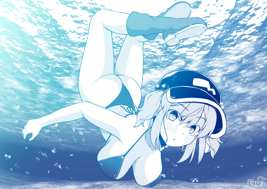 :o alternate_costume ass bikini blue_theme blush boots breasts bubble caustics commentary_request female flat_cap full_body hair_bobbles hair_ornament hat highres kagiyama_shachou kawashiro_nitori large_breasts looking_at_viewer medium_hair monochrome open_mouth rubber_boots scorpion_pose sidelocks solo strap_gap swimming swimsuit touhou two_side_up underwater water