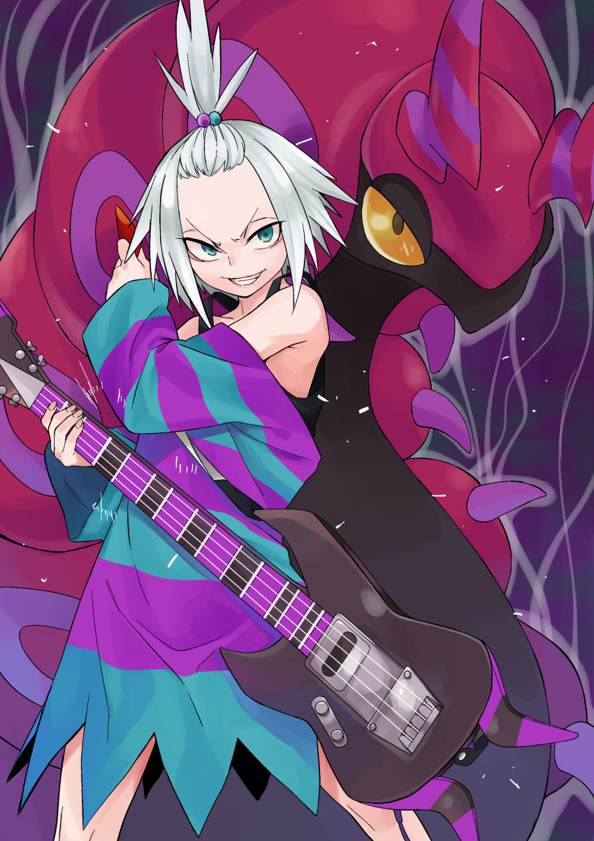 absurdres bass_guitar boots dress female forehead freckles green_eyes gujira hair_bobbles hair_ornament highres instrument looking_at_viewer oversized_clothes pokemon pokemon_(creature) pokemon_bw2 roxie_(pokemon) scolipede smile standing steam strapless strapless_dress striped_clothes striped_dress topknot white_hair