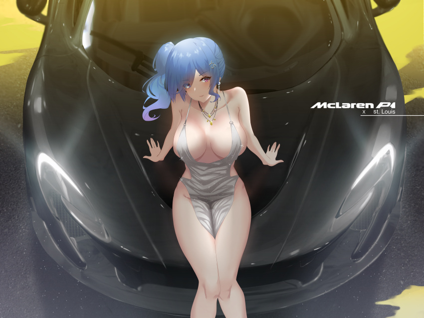 absurdres azur_lane backless_dress backless_outfit bare_shoulders blue_hair breasts car character_name cleavage dress earrings evening_gown female from_above grey_dress hair_between_eyes hair_ornament hairclip halter_dress halterneck highres jewelry large_breasts long_hair mclaren mclaren_p1 motor_vehicle necklace official_alternate_costume pelvic_curtain pink_eyes plunging_neckline product_placement revealing_clothes short_dress side_ponytail sidelocks silver_dress sitting sitting_on_car solo sports_car st._louis_(azur_lane) st._louis_(luxurious_wheels)_(azur_lane) thighs vitotraps