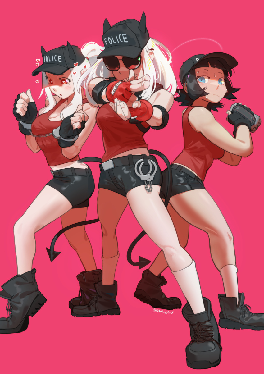 3girls aviator_sunglasses azazel_(helltaker) black_hair black_headwear blue_eyes boots breasts camcorder charlie's_angels commentary contrapposto cuffs demon_horns demon_tail english_commentary fingerless_gloves gloves halo handcuffs hat heart heart-shaped_pupils helltaker highres horns justice_(helltaker) large_breasts looking_at_viewer midriff modeus_(helltaker) multiple_girls pink_background raneblu shaded_face short_hair short_shorts shorts socks sunglasses sweat symbol-shaped_pupils tail twitter_username video_camera white_hair white_socks